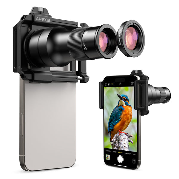 APEXEL 2-i-1 HD 6X Fast Fokus Teleobjektiv med 150mm Makroobjektiv med Universalklemme, Professionelt Mobilobjektivkit