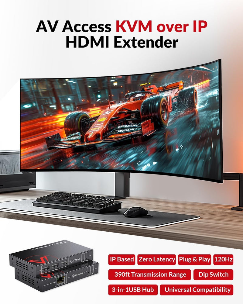 AV Access 4KIP100-KVM 4K KVM-extender over TCP/IP Ethernet op til 120 m, UHD 4K @ 30Hz 1080P@120Hz, 16 sæt DIP-switcher, EDID-funktion