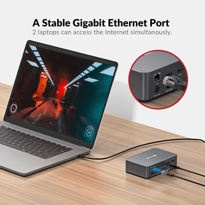 AV Access-dockingstation og KVM-switch 2 til 2 USB-C til HDMI, 4K60Hz, 6x USB-A, 1x USB-C PD 100W, 1x 3,5 mm AUX, 1x SD-kortlæser, 2x60W PD