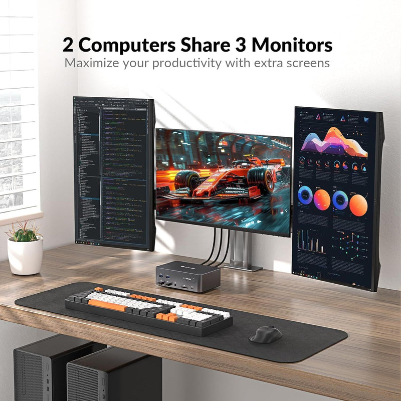 AV Access-dockingstation og KVM-switch 2 til 3 DP til DP, 8K60Hz, 5x USB-A, 1x USB-C PD, 3,5 mm AUX, SD-kortslot og 1 Gbps ethernet