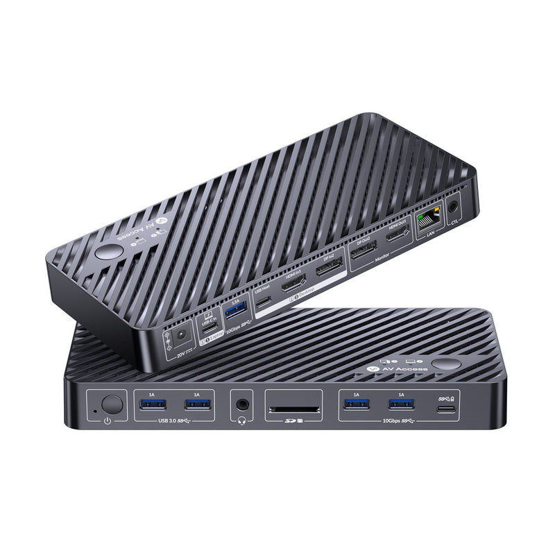 AV Access iDock B10 USB-C KVM-Switch Dockningsstation 2 til 2 for 1 Bærbar & 1 Stationær, 8K@60Hz Dobbelt Skærm, 100W Opladning, USB 3.2, 1G Ethernet