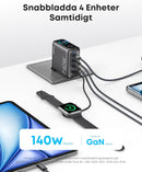 Anker 140W USB-C 4-Port Multi-Devices GaN-oplader, Touch Control, kompatibel med MacBook, iPhone 17/16/15, Samsung, Pixel og flere