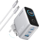 Anker Oplader 100W USB-C Ultra-kompakt 3-ports GaN-hurtigoplader til stikkontakt med smart display og touchstyring