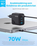 Anker Zolo Ultra Fast 70W USB-C 4-Port oplader, kompakt og stabil til iPhone 16/15, MacBook Air, iPad, Pixel, Galaxy