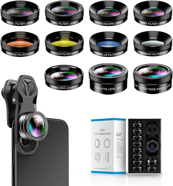 Apexel 11-i-1 Mobiltelefonkameralinse Sæt, Vidvinkel- og Makrolinse + Fisheye-linse
