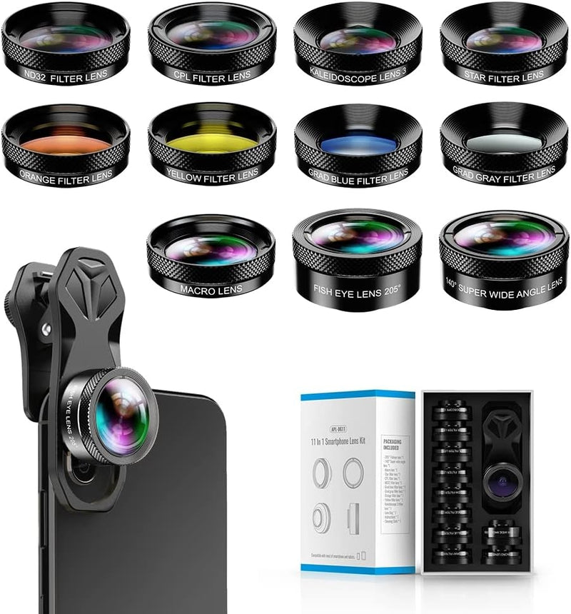 Apexel 11-i-1 Mobiltelefonkameralinse Sæt, Vidvinkel- og Makrolinse + Fisheye-linse