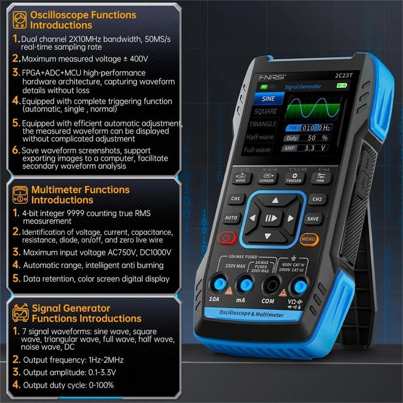 FNIRSI 2C53TH 3 i 1 oscilloskop, multimeter og signalgenerator 2,8" LCD-skærm for perfekt billedkvalitet