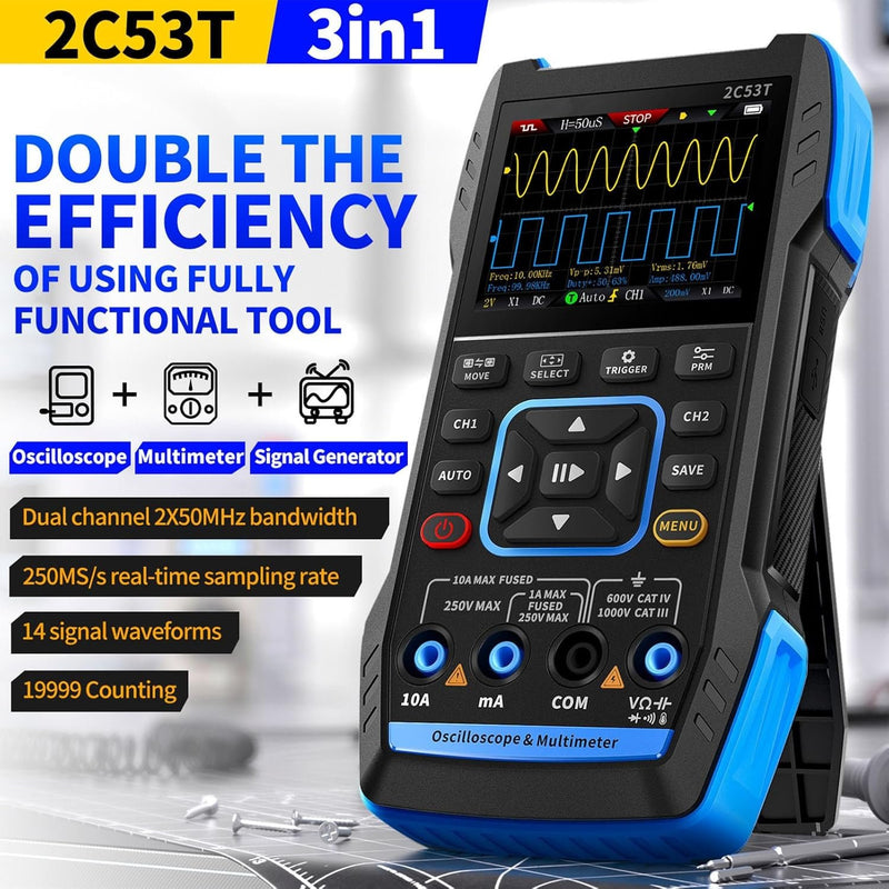 FNIRSI 2C53TH 3 i 1 oscilloskop, multimeter og signalgenerator 2,8" LCD-skærm for perfekt billedkvalitet