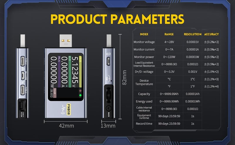 FNIRSI Digital USB tester voltmeter og kabeltester