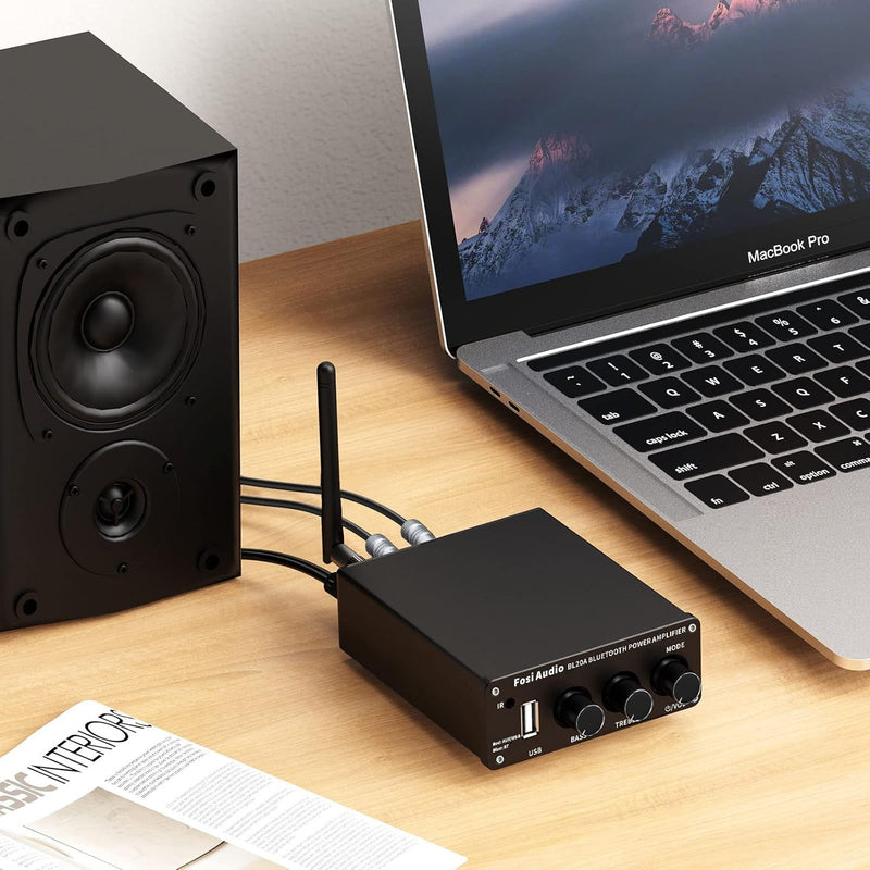 Fosi Audio BL20A 200W Bluetooth 5.0 Home Audio Stereoforstærker Hi-Fi Mini Klasse D integreret forstærker med U-Disk/3,5MM AUX/RCA-indgang og fjernbetjening