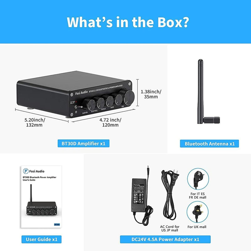 Fosi Audio BT30D Bluetooth 5.0 Stereo Audio Modtager Forstærker 2.1 Kanal Mini Hi-Fi Klasse D Integreret Amp 2X50 Watt