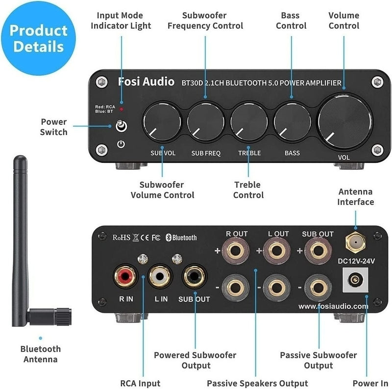 Fosi Audio BT30D Bluetooth 5.0 Stereo Audio Modtager Forstærker 2.1 Kanal Mini Hi-Fi Klasse D Integreret Amp 2X50 Watt