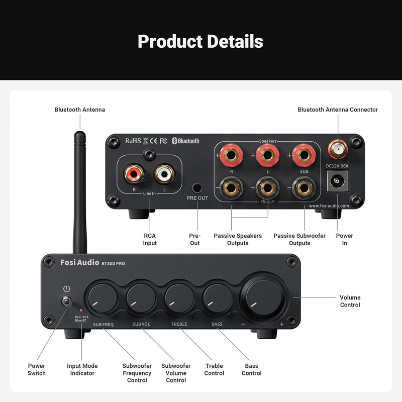Fosi Audio Hi-Fi Bluetooth 5.0 Stereo Audio Receiver Forstærker 2.1 Channel Mini Class D Integreret Amp 2X165W