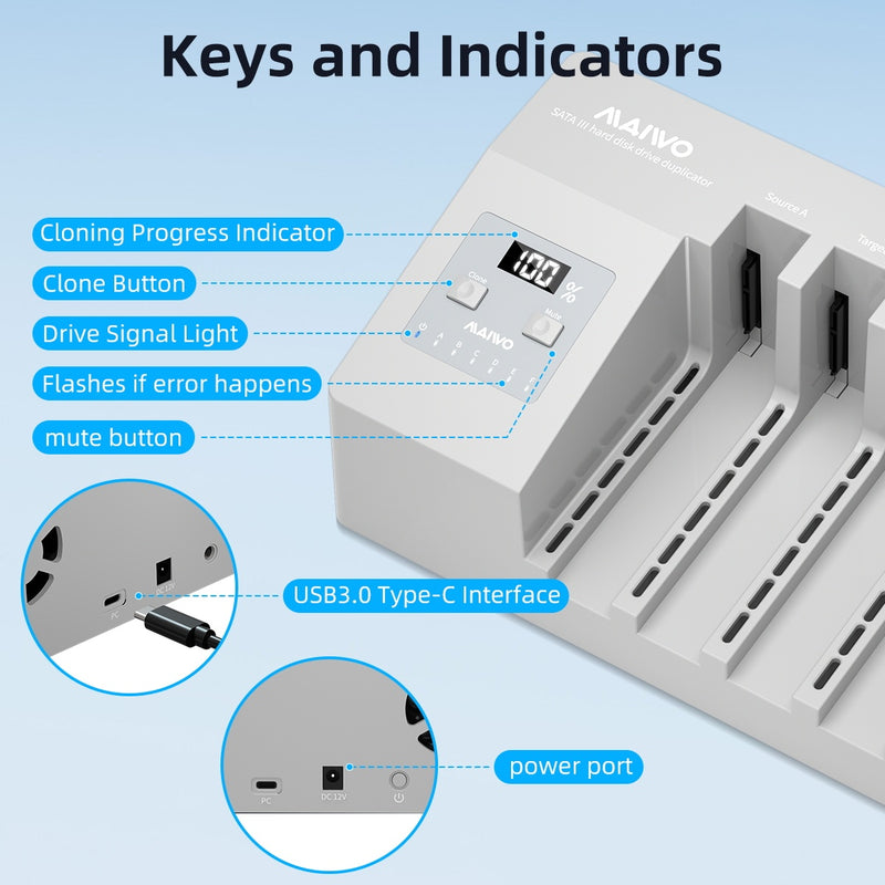MAIWO 6x HDD klonings- og dockingstation, 2,5"/3,5" SATA HDD, USB-C 3.0 5Gbps