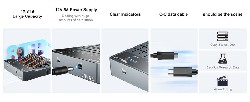 Maiwo 4-slot M.2 NVMe SSD dockingstation med kloningsfunktion, USB 4.0 Type-C 40Gbps