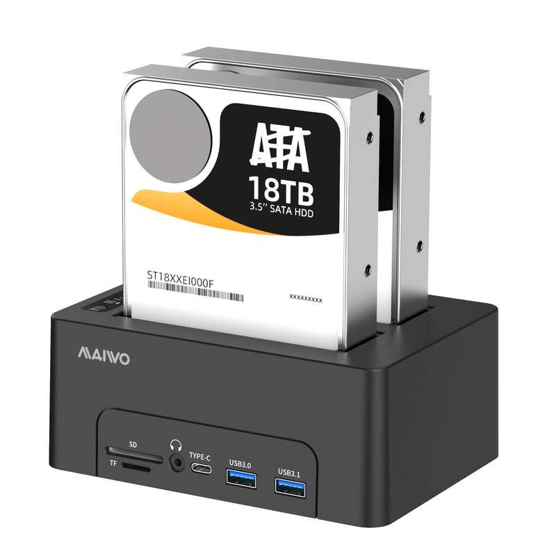 Maiwo HDD Dual dockingstation med klon 10Gbps HDMI 4K60Hz Giga Lan kortlæser SD og MicroSD USB HUB 2xUSB-A og 2xUSB-C