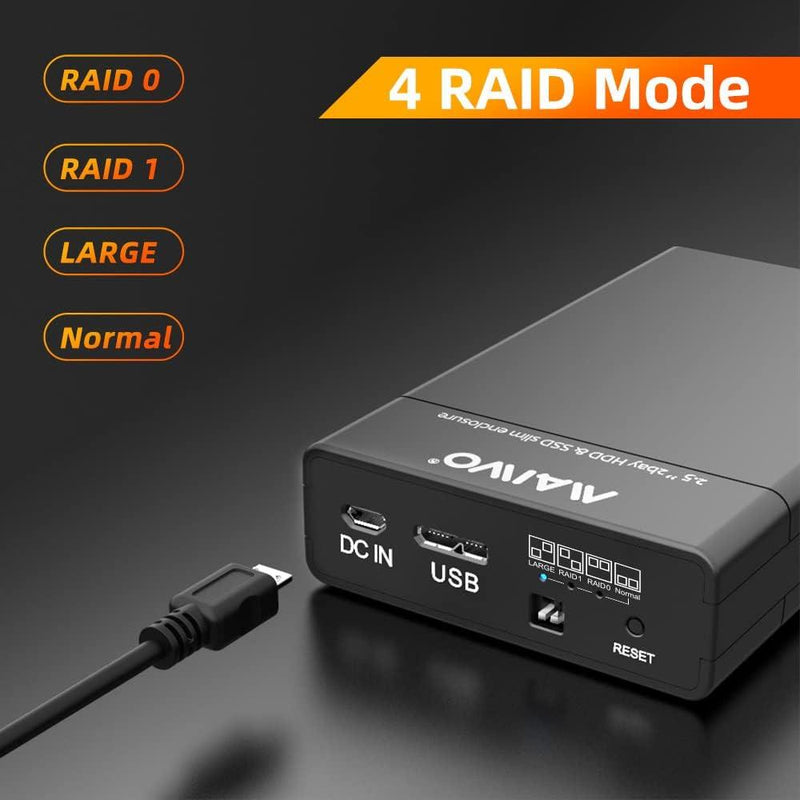 Maiwo K25682 USB 3.1 GEN1 5Gbps ekstern RAID0, 1, BOD storage cabinet 2x2,5 SATA-HDD SSD 7/9,5 mm op til 2 TB understøtter UASP USB-kabel type B til A