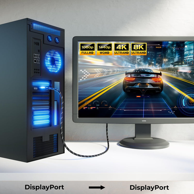 NORDIC CERTIFICEREDE KABLER 1,5m nylon flettet Displayportkabel 1,4 UHD 8K60Hz 4K144Hz HBR3 32,4Gbps 10-bit HDR