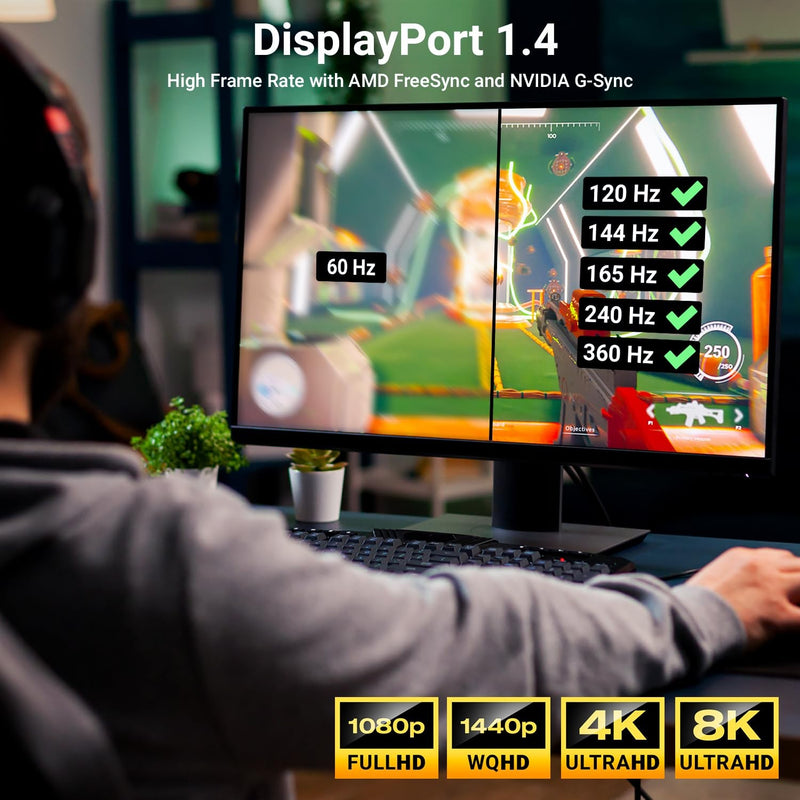 NORDIC CERTIFICEREDE KABLER 1,5m nylon flettet Displayportkabel 1,4 UHD 8K60Hz 4K144Hz HBR3 32,4Gbps 10-bit HDR