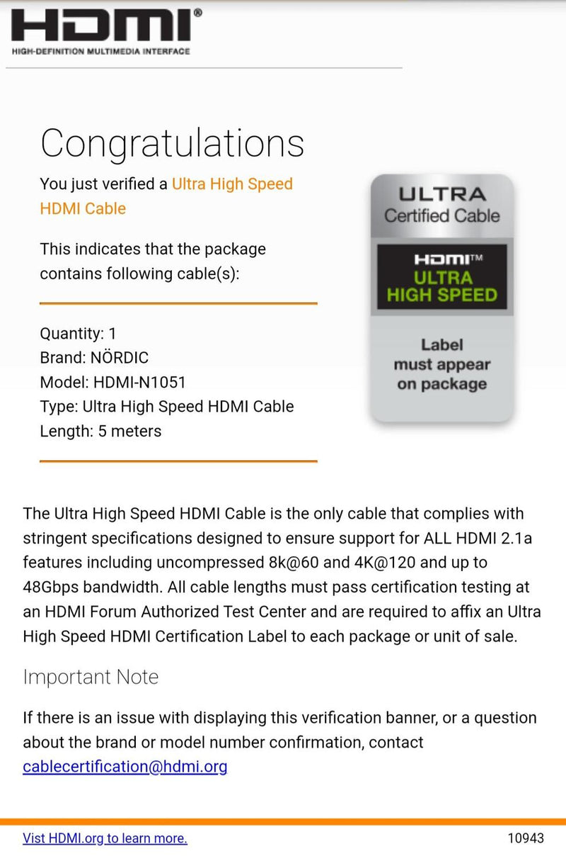 NORDIC CERTIFICEREDE KABLER 5m Ultra High Speed HDMI 2.1 8K 60Hz 4K 120Hz 48Gbps Dynamic HDR eARC VRR-kabel forgyldt