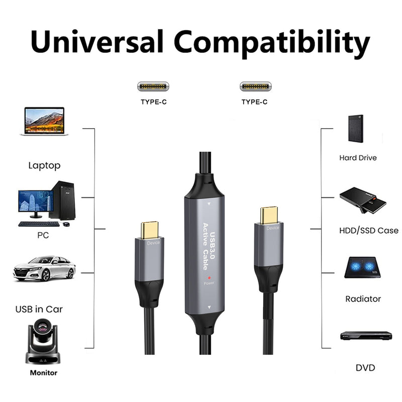 NÖRDIC 15m Aktiv USB 3.0 C til C-kabel, 5Gbps Super Speed USB-kabel