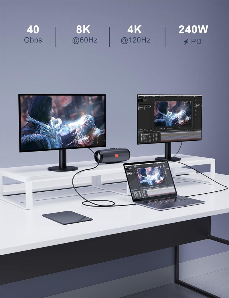 NÖRDIC 1m Thunderbolt 4 forlængerkabel, USB-C han til hun, 240W hurtigopladning, 40Gbps, 8K 60Hz