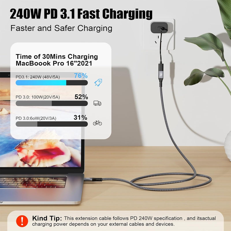NÖRDIC 1m USB3.2 Gen2 20Gbps USB-C til C nylonflettet forlænger kabel med Power Delivery 240W 4K60Hz