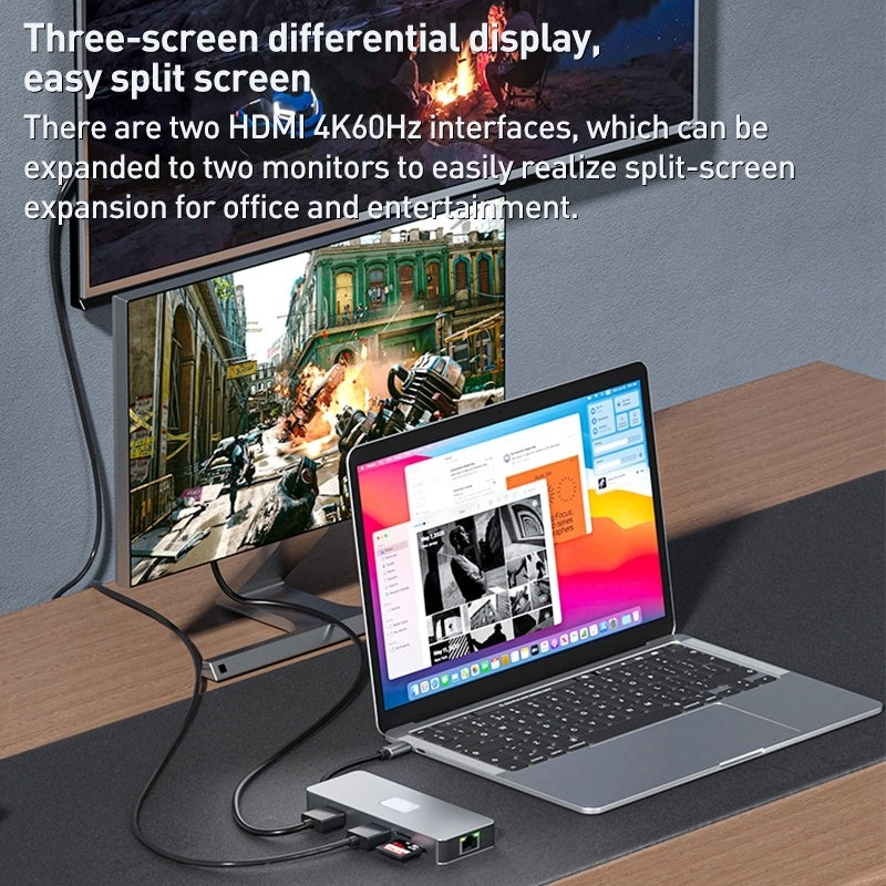 NÖRDIC 1 til 10 USB-C dockingstation 2xHDMI 4K60Hz 3xUSB3.0, 1xUSB-C, 1xRJ45 GigaLan, 1xPD100W, 1xSD & 1xMicroSD
