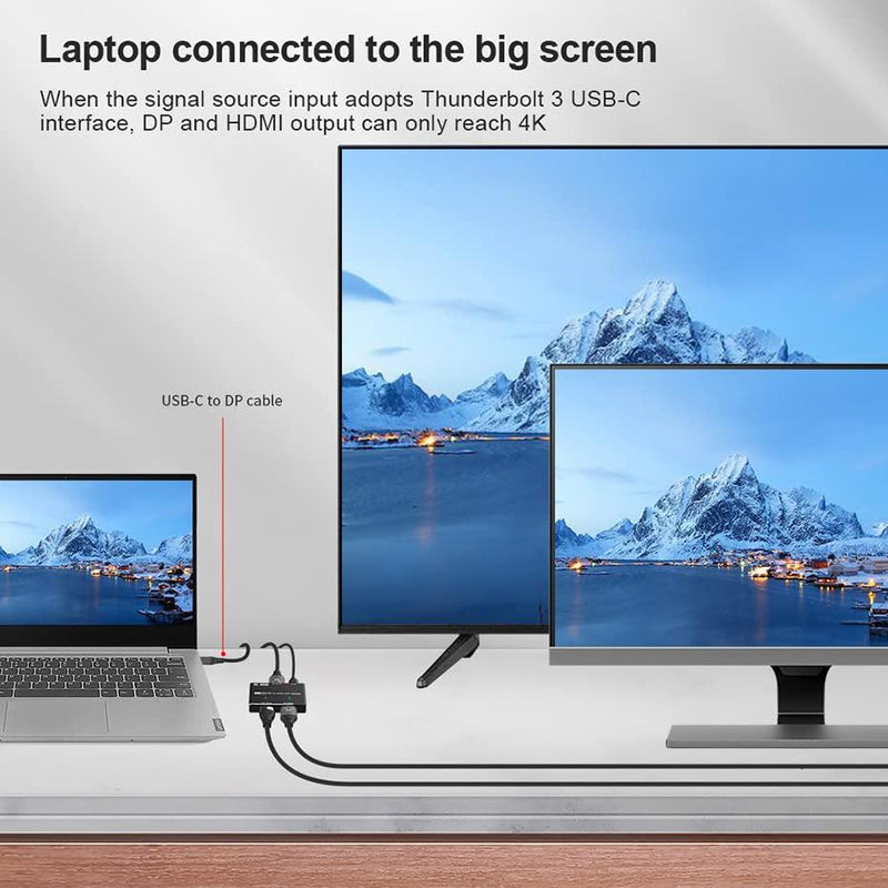 NÖRDIC 1 til 2 splitter 1xDisplayport til 1xHDMI og 1xDisplayport 8K30Hz understøttelse af MST og HDR