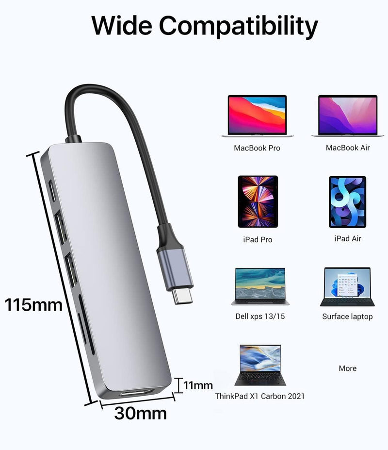 NÖRDIC 1 til 6 USB C aluminium dockingstation 1xHDMI 4K 30Hz  1xUSB-A 3.0 1xUSB-A 2.0 5Gbps 1xUSB C PD87W 1xSD/TF kortlæser