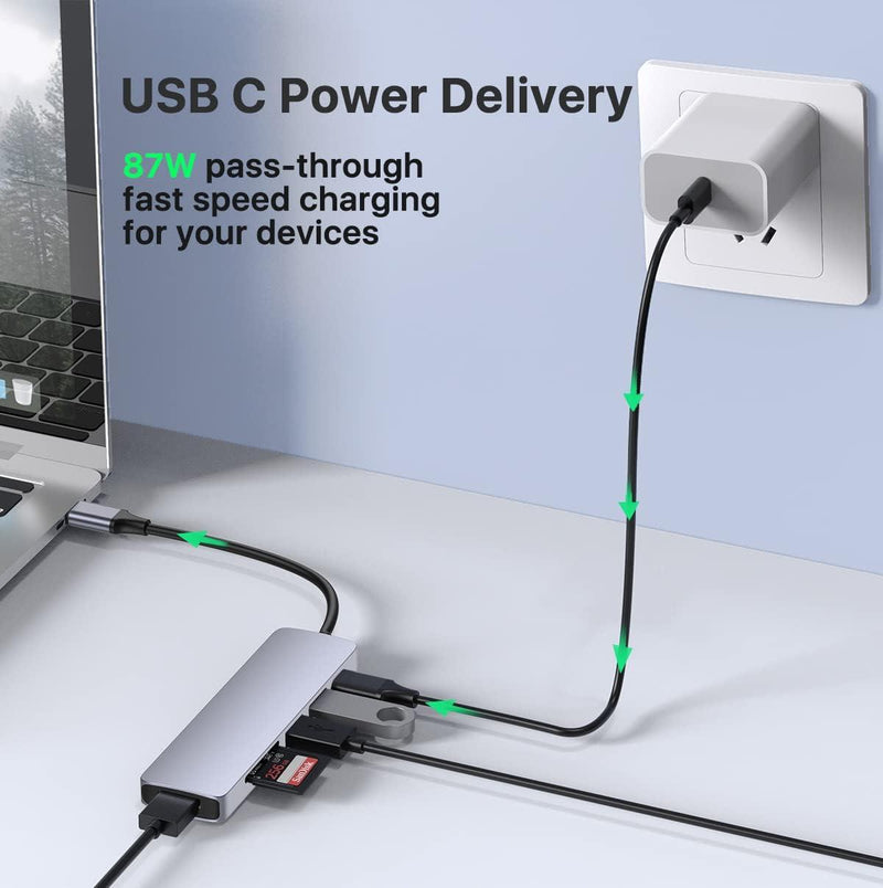 NÖRDIC 1 til 6 USB C aluminium dockingstation 1xHDMI 4K 30Hz  1xUSB-A 3.0 1xUSB-A 2.0 5Gbps 1xUSB C PD87W 1xSD/TF kortlæser