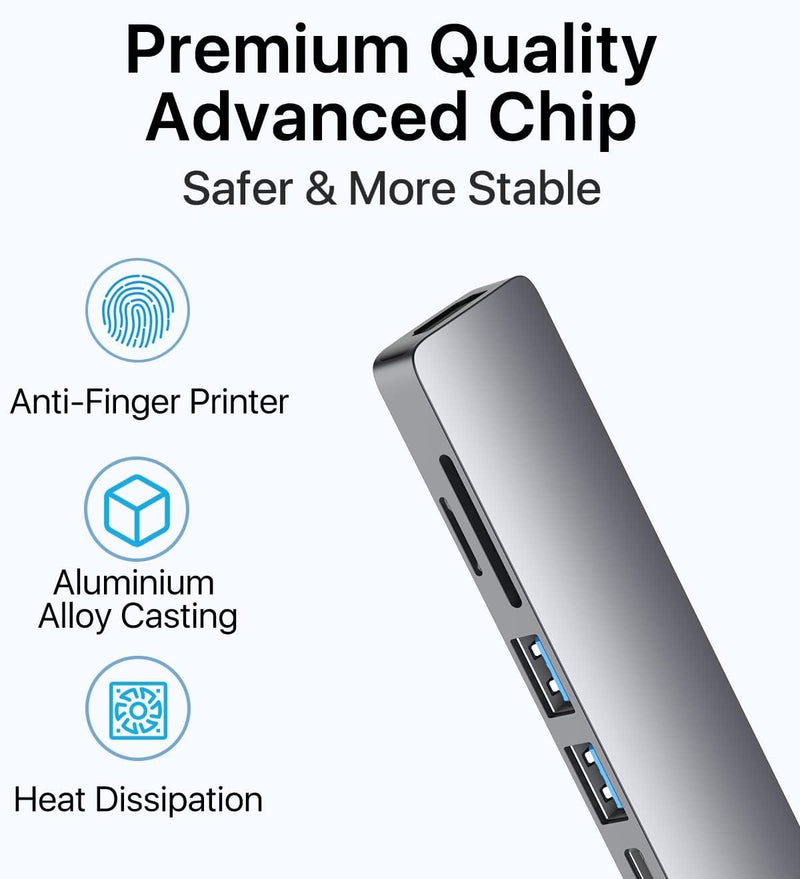 NÖRDIC 1 til 6 USB C aluminium dockingstation 1xHDMI 4K 30Hz  1xUSB-A 3.0 1xUSB-A 2.0 5Gbps 1xUSB C PD87W 1xSD/TF kortlæser