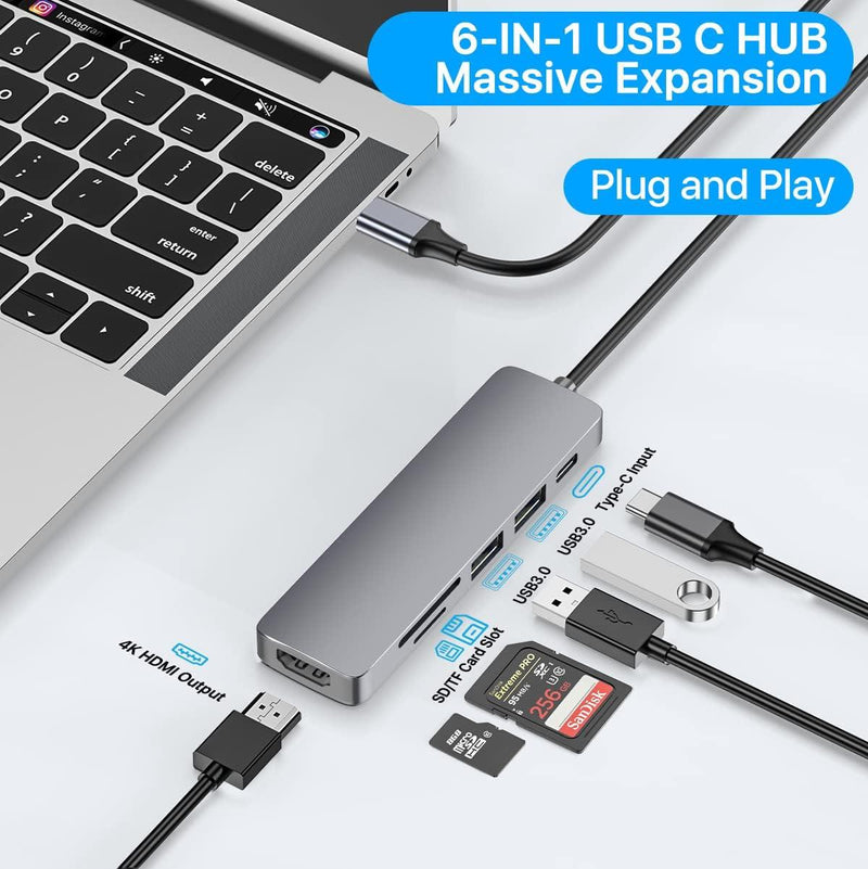 NÖRDIC 1 til 6 USB C aluminium dockingstation 1xHDMI 4K 30Hz  1xUSB-A 3.0 1xUSB-A 2.0 5Gbps 1xUSB C PD87W 1xSD/TF kortlæser