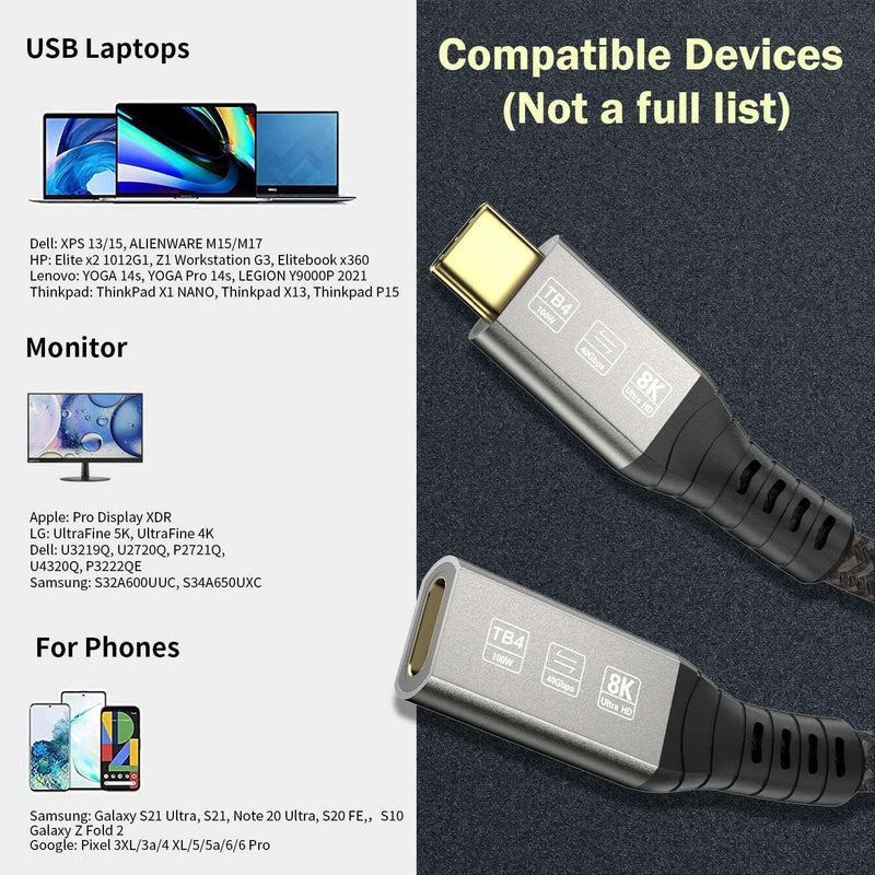 NÖRDIC 2m Thunderbolt 4 forlængerkabel, USB-C han til hun, 100W hurtigopladning, 40Gbps, 8K 60Hz