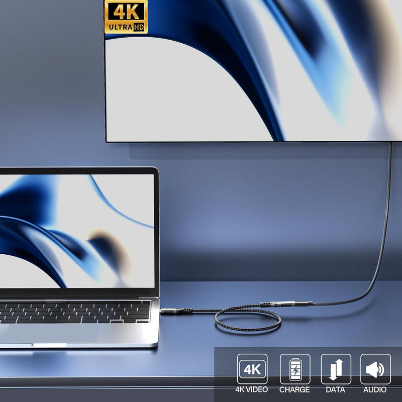 NÖRDIC 2m USB3.2 Gen2 20Gbps USB-C til C nylonflettet forlænger kabel med Power Delivery 240W 4K60Hz