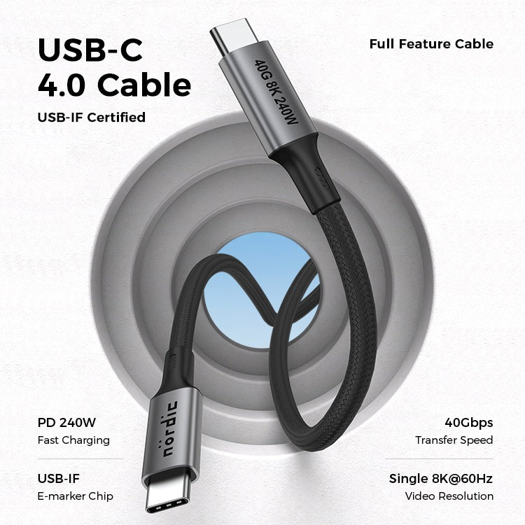 NÖRDIC 2m USB4 USB-C til C nylonflettet kabel PD3.1 240W 40G 8K60Hz 4K144Hz grå