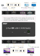 NÖRDIC 2 til 2 KVM-switch USB-C og displayport 1xDP och 1xHDMI 8K 60Hz 3xUSB-A