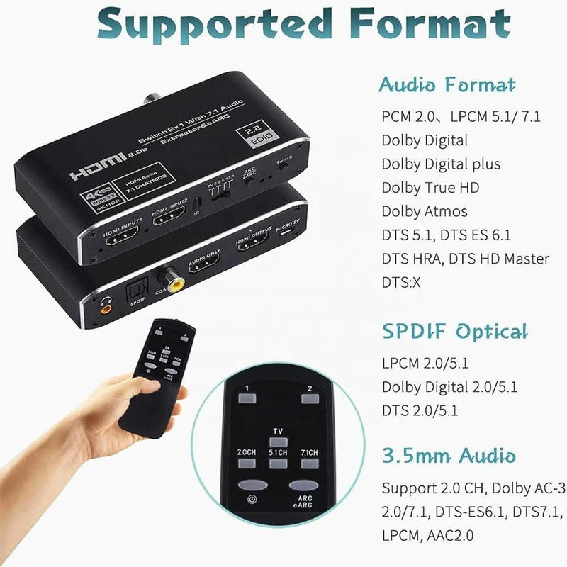 NÖRDIC 4K 60Hz HDMI-switch 2 til 1 med lydudtræk Toslink HDR HDCP2:3 ARC/eARC 7.1-lyd