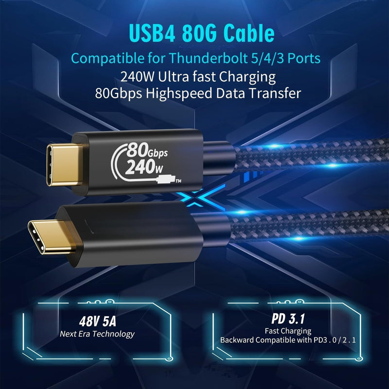 NÖRDIC 50cm Thunderbolt 5 kabel 80Gbps dataoverførsel 240W opladning 120Gbps båndbredde 16K60Hz 8K60Hz 4K540Hz