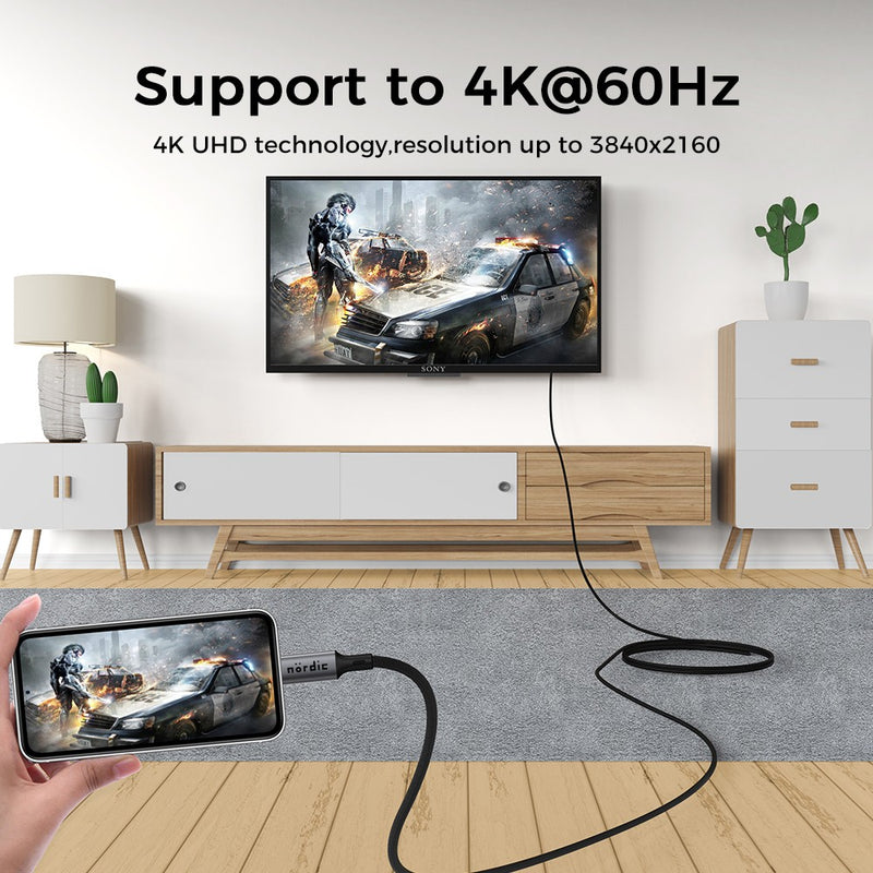 NÖRDIC 5m USB 3.2 Gen 2 USB-C til C nylon flettet kabel PD3.1 240W 20G 4K60Hz grå