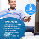 NÖRDIC 8K HDMI 2.1 Switch og Extractor 2 til 1 8K60Hz 4K120Hz CEC HDR Dolby Atmos, True HD, Digital Plus, DTS-HD Master