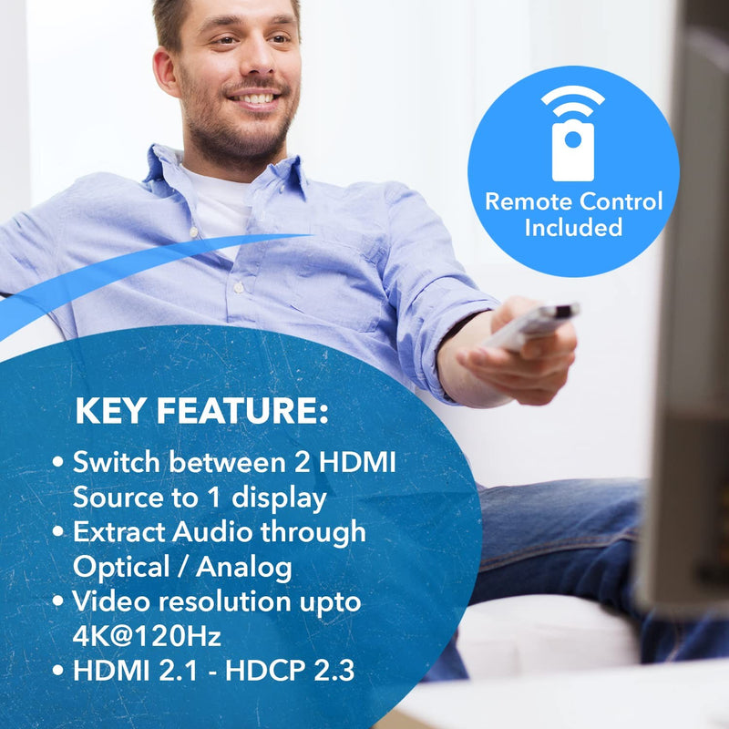 NÖRDIC 8K HDMI 2.1 Switch og Extractor 2 til 1 8K60Hz 4K120Hz CEC HDR Dolby Atmos, True HD, Digital Plus, DTS-HD Master