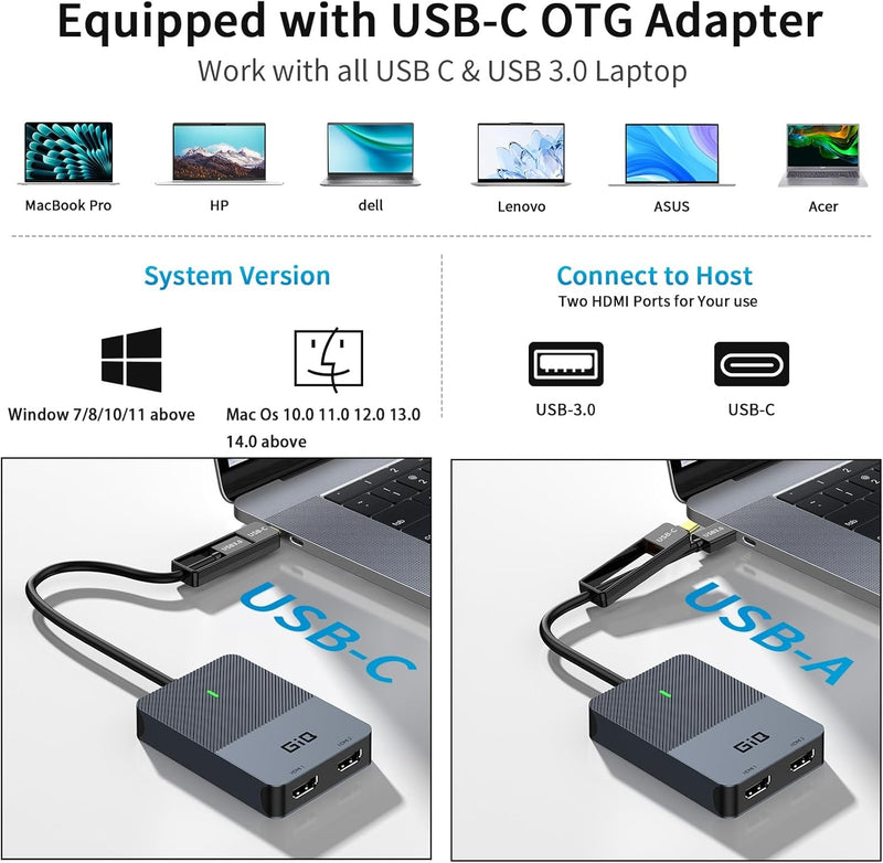 NÖRDIC DisplayLink 1 til 4 dockingstation 2xHDMI 2K@60Hz USB-A & USB-C kompatibel med USB 4, Windows og Mac1