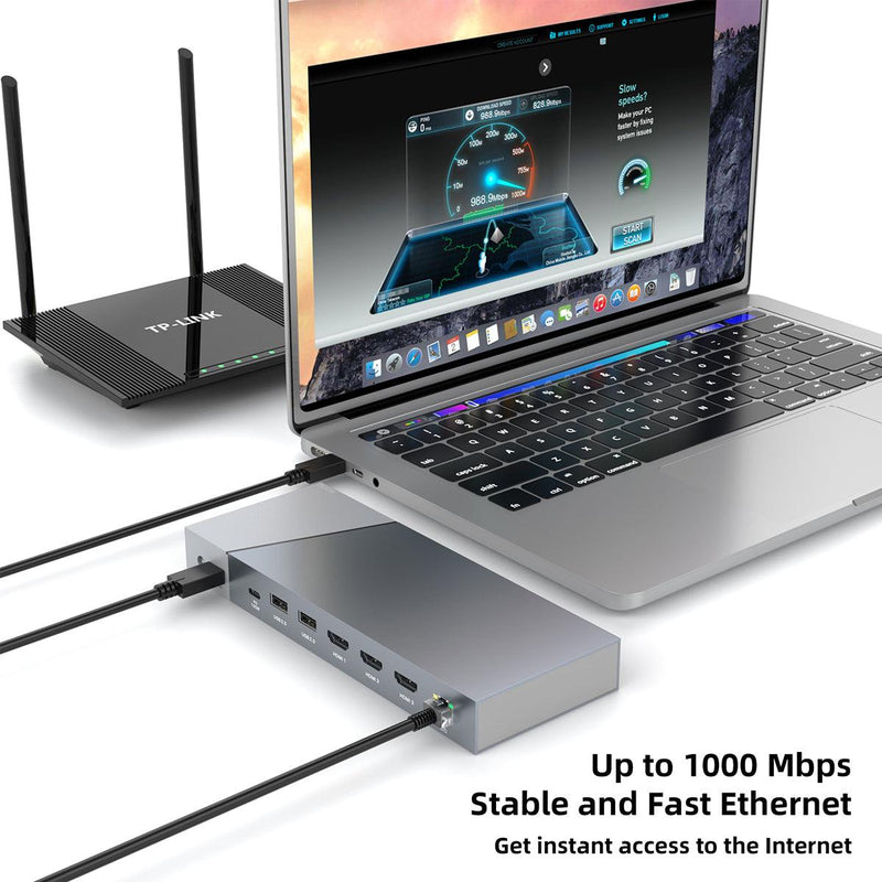 NÖRDIC DisplayLink USB-A & USB-C Dockingstation 1 til 15 til tredobbelte skærme 1xHDMI 4K30Hz 2xHDMI 2K50hz til Mac M1 M2 Thunderbolt 3 & 4