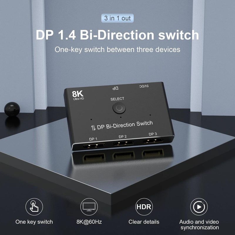 NÖRDIC Displayport 3 til 1 switch eller 1 til 3 splitter DP1.4 8K30Hz 4k120Hz 32.4Gbps
