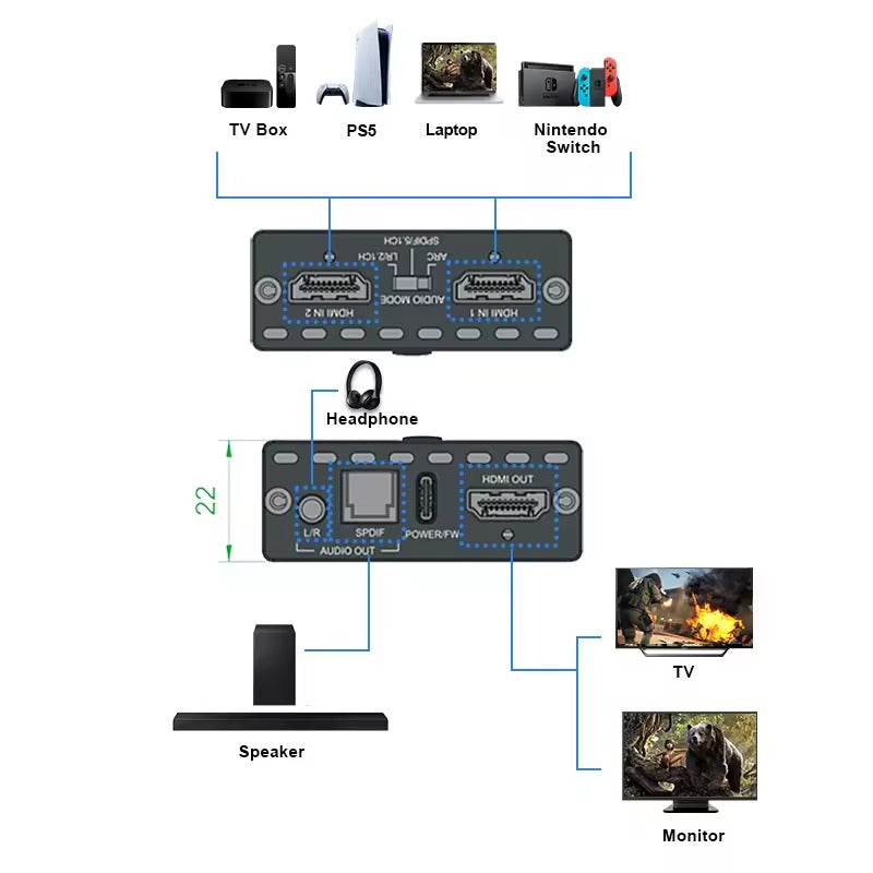 NÖRDIC HDMI 2.1 switch og extractor 8K60Hz 4K120Hz ARC EDID, S/PDIF og AUX extractor