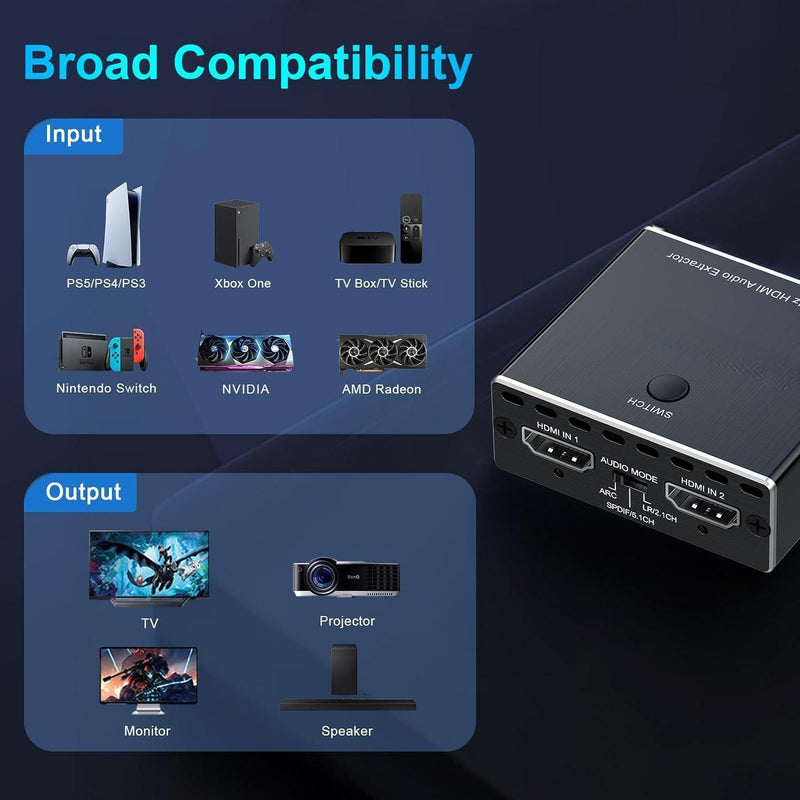 NÖRDIC HDMI 2.1 switch og extractor 8K60Hz 4K120Hz ARC EDID, S/PDIF og AUX extractor