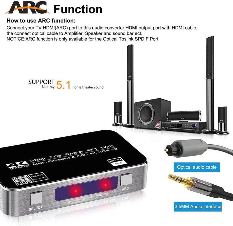 NÖRDIC HDMI Switch 4 til 1 med lyd emhætte og ARC 4K60Hz MHL Dolby Ægte SPDIF stereo 3D