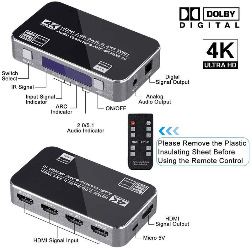 NÖRDIC HDMI Switch 4 til 1 med lyd emhætte og ARC 4K60Hz MHL Dolby Ægte SPDIF stereo 3D