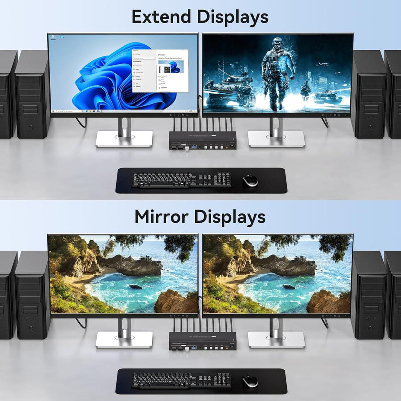 NÖRDIC KVM 4x2 HDMI 2.1 Switch 4PC til Dobbelt Skærm HDMI 8K60Hz med 1x3.5mm og 4xUSB-A
